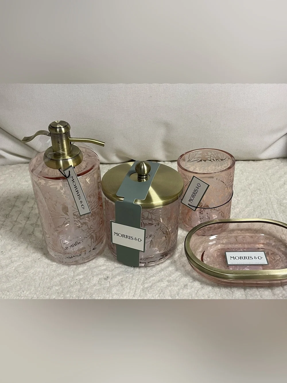 Pink Glass Bath Accessory Set with Brass Accents by Morris and co